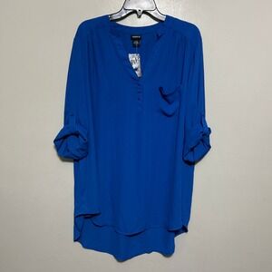 Torrid Women's Blouse 3 Royal Blue Tunic New Henley Roll-Tab Sleeve Sheer Spring